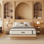 A welcoming bedroom display showing different mattress styles on modern and traditional bed frames, including an adjustable bed, with neatly arranged pillows, bedding, and warm wood furniture details that create a calm, comfortable atmosphere.
