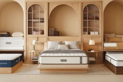 A welcoming bedroom display showing different mattress styles on modern and traditional bed frames, including an adjustable bed, with neatly arranged pillows, bedding, and warm wood furniture details that create a calm, comfortable atmosphere.