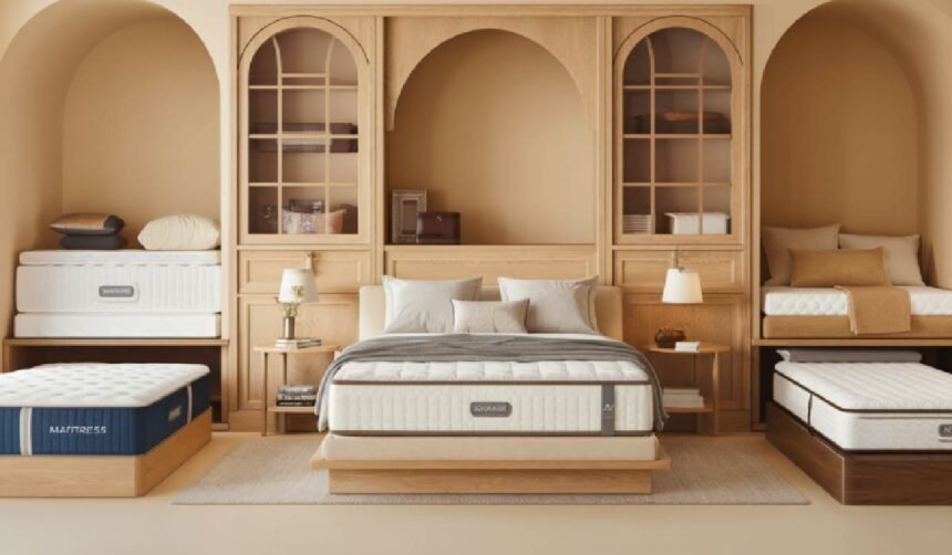 A welcoming bedroom display showing different mattress styles on modern and traditional bed frames, including an adjustable bed, with neatly arranged pillows, bedding, and warm wood furniture details that create a calm, comfortable atmosphere.
