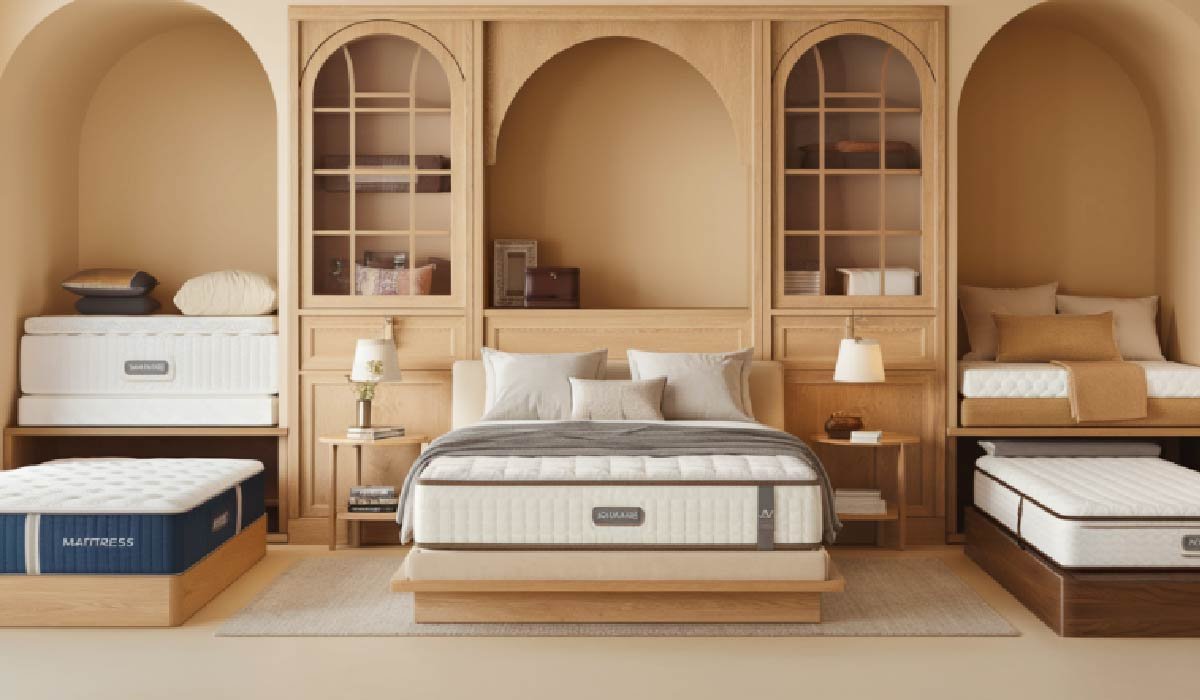 A welcoming bedroom display showing different mattress styles on modern and traditional bed frames, including an adjustable bed, with neatly arranged pillows, bedding, and warm wood furniture details that create a calm, comfortable atmosphere.