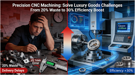 Comparison diagram contrasting traditional luxury goods manufacturing problems (20% waste, manual errors) versus precision CNC machining solutions (±0.005mm accuracy, 30% efficiency gain)